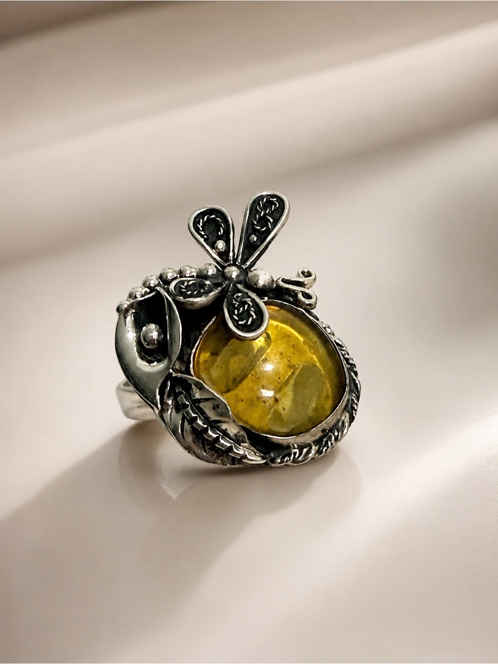 925 Sterling Silver Yellow Amber Floral Statement Ring
